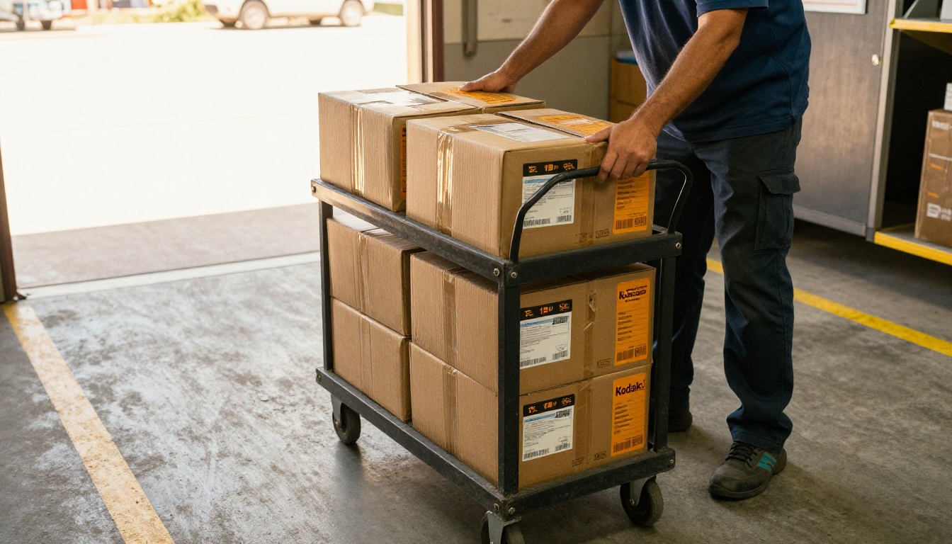 A postal worker loading bundled mail trays onto a rolling cart