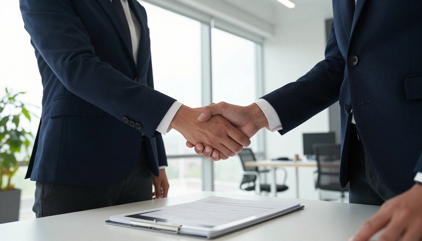 Two partners shaking hands over a signed insertion order with a tablet and magazine