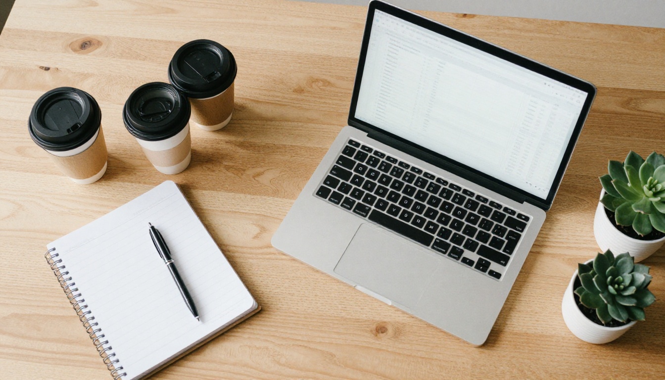 Top-down view of a desk with a laptop, notebook and coffee