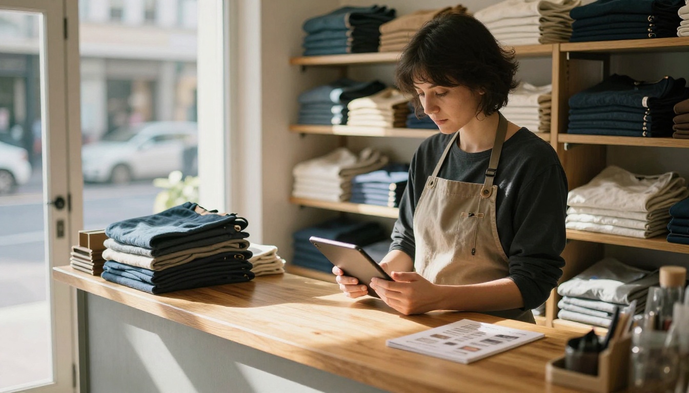 Boutique owner reading a tablet behind the shop counter