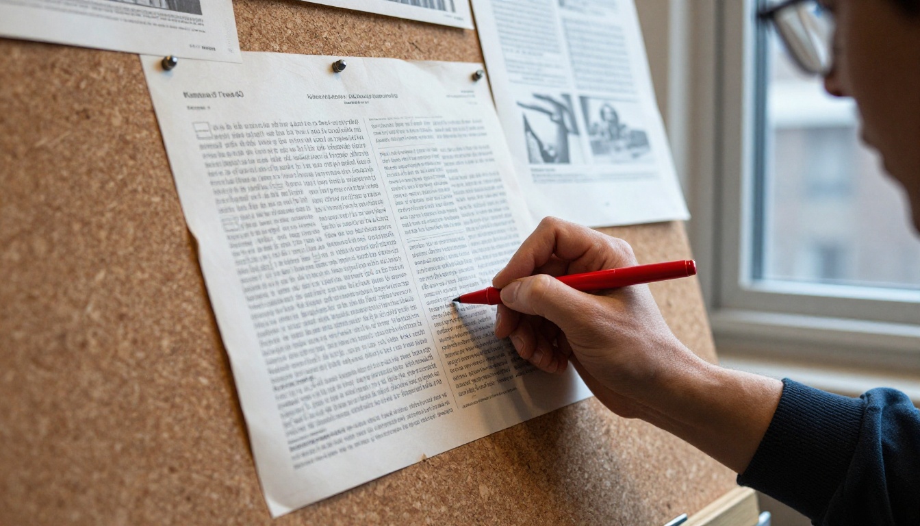 Editor marking layout proofs with a red pen at a drafting table
