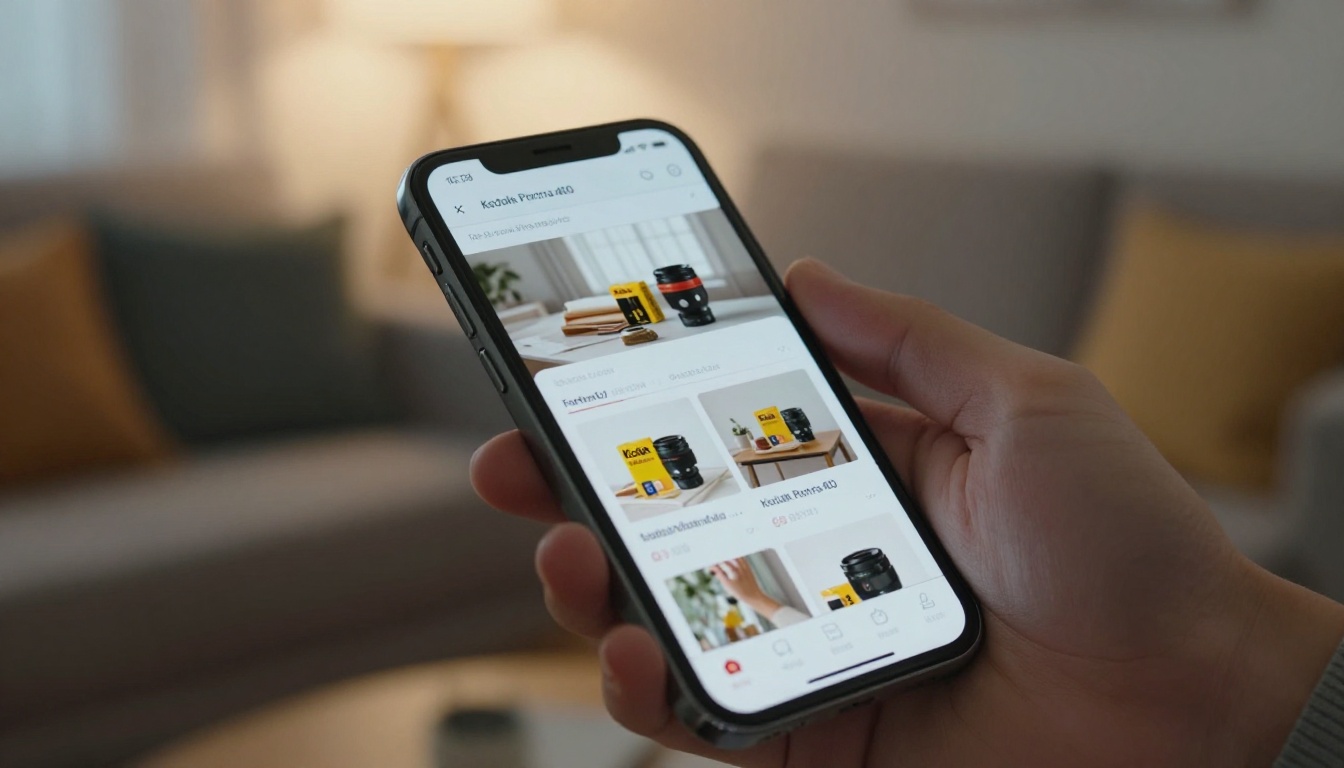 Hands holding a smartphone showing a catalog page