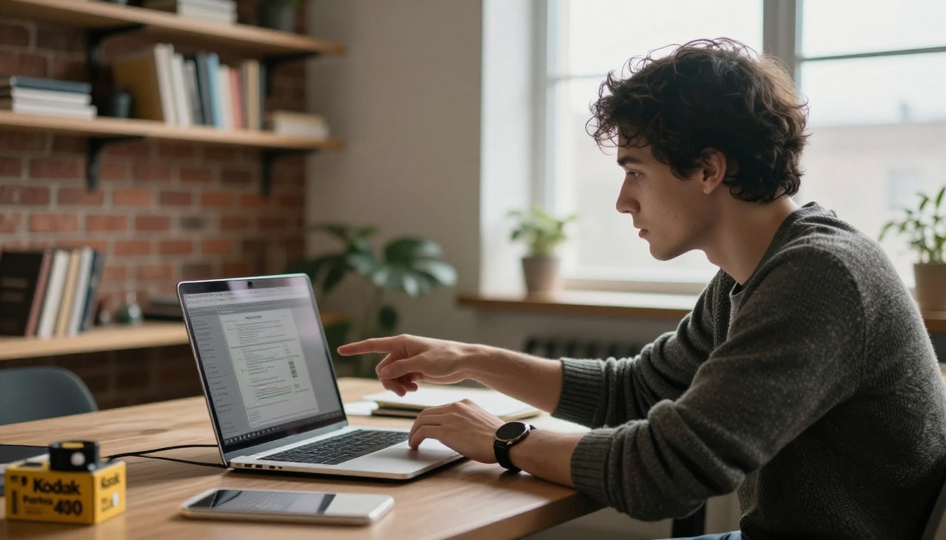 Two coworkers discussing a laptop screen at a small startup table