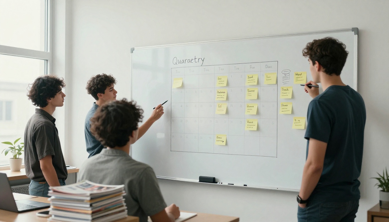 Team planning a quarterly ad calendar on a whiteboard with sticky notes