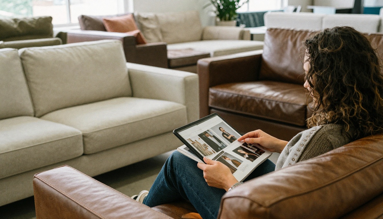 Showroom designer presenting a catalog on a tablet