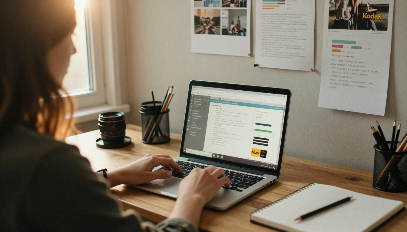 Freelance designer working on a laptop in a home studio