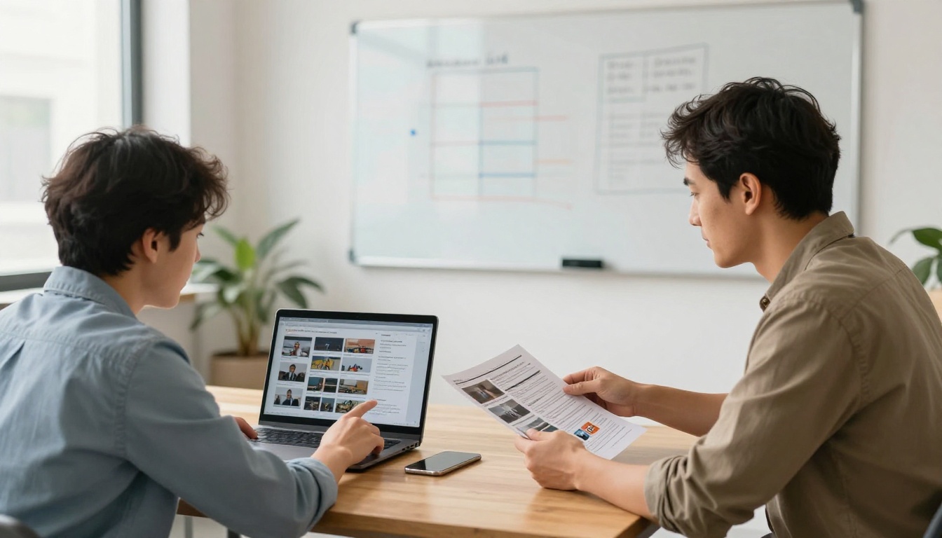 Two colleagues in a meeting comparing a flipbook catalog on a laptop with a printed catalog
