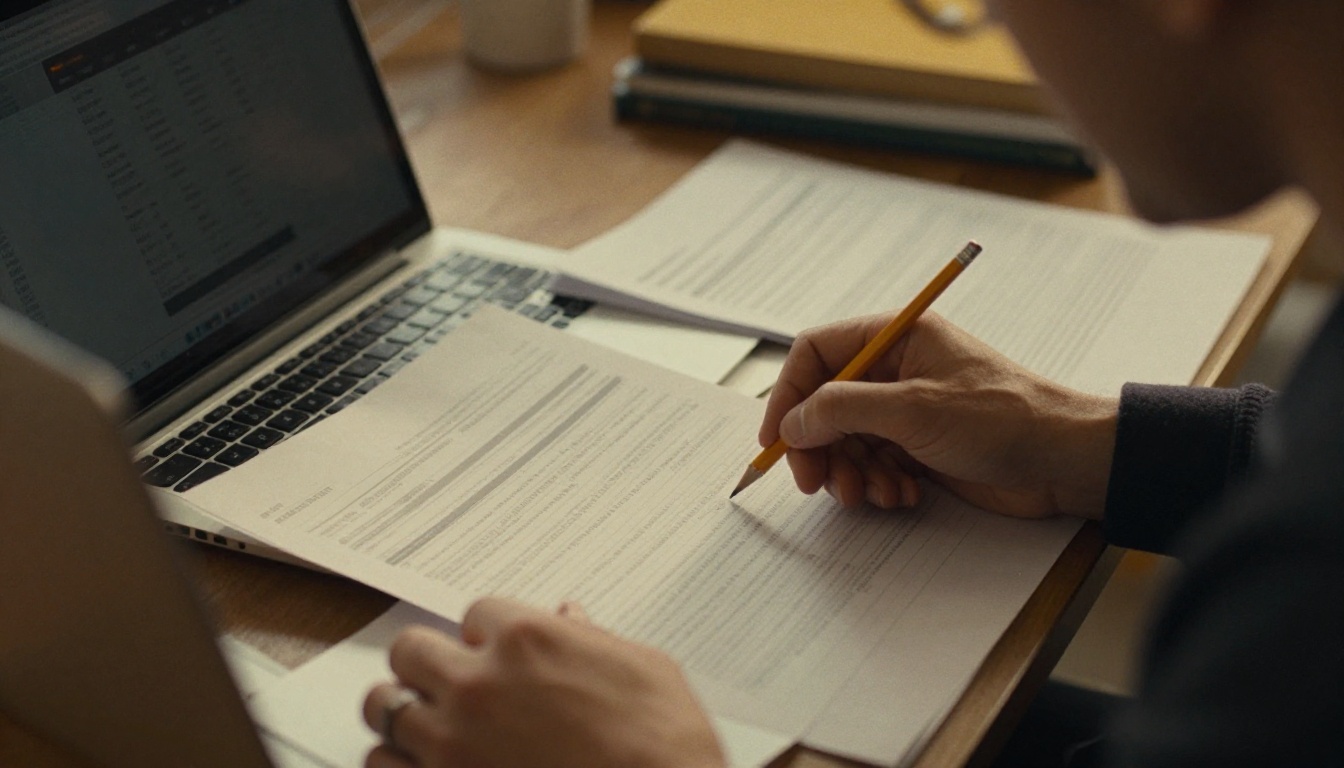 Analyst studying a printed performance report