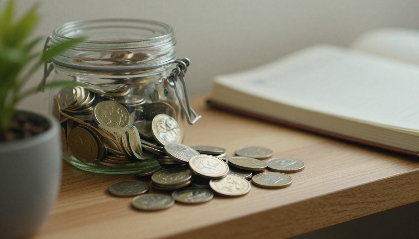 Savings jar with coins on a wooden shelf