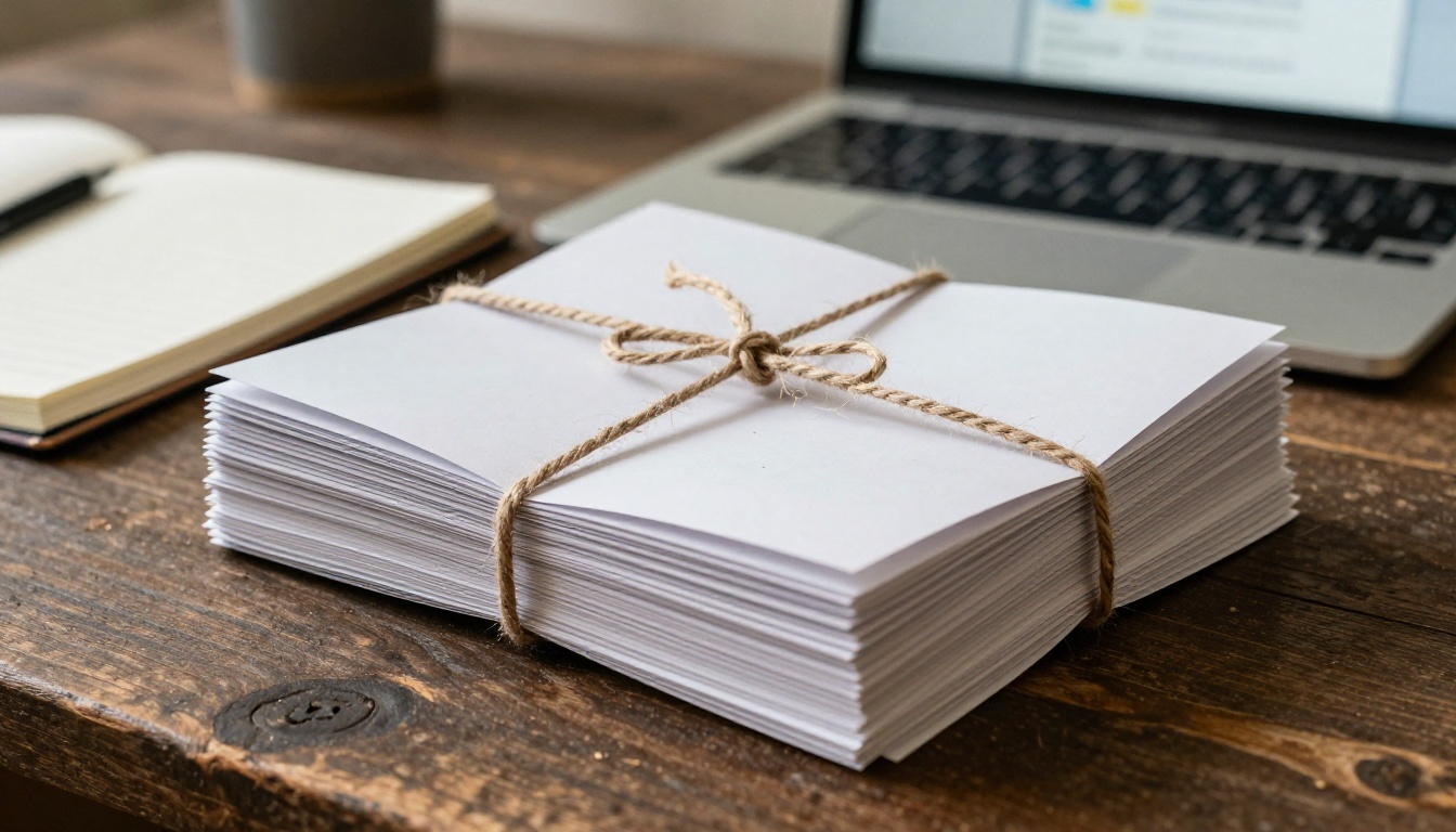 A stack of printed catalogs tied with twine beside a laptop with a dashboard
