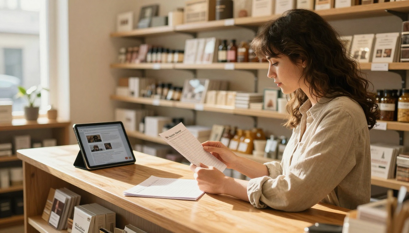 A boutique owner reviewing a monthly cost ledger next to a printed catalog and a tablet