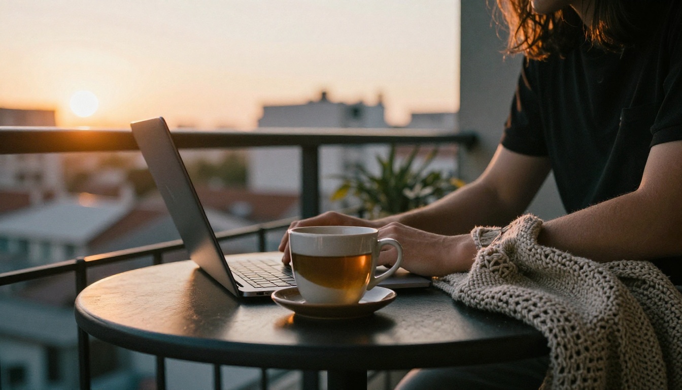 Person closing a laptop on a balcony at sunset with a cup of tea
