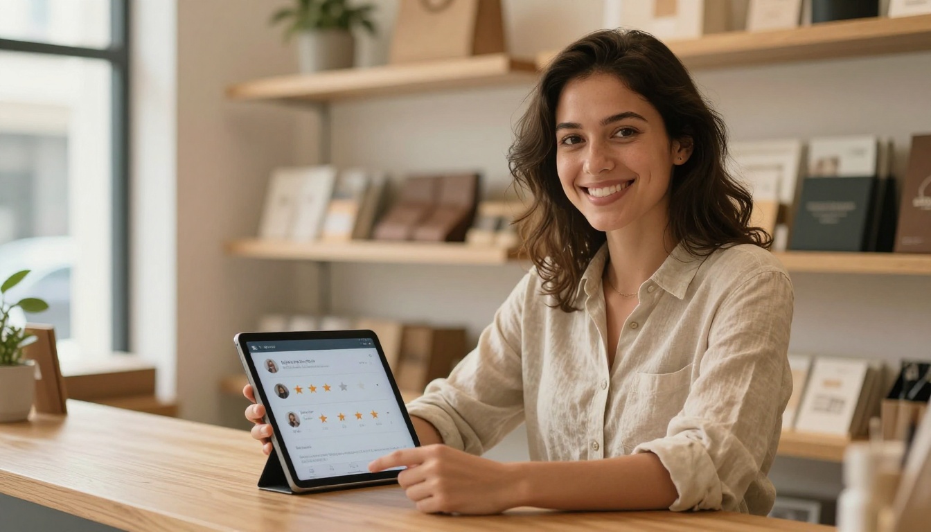 Business owner holding a tablet showing customer star ratings