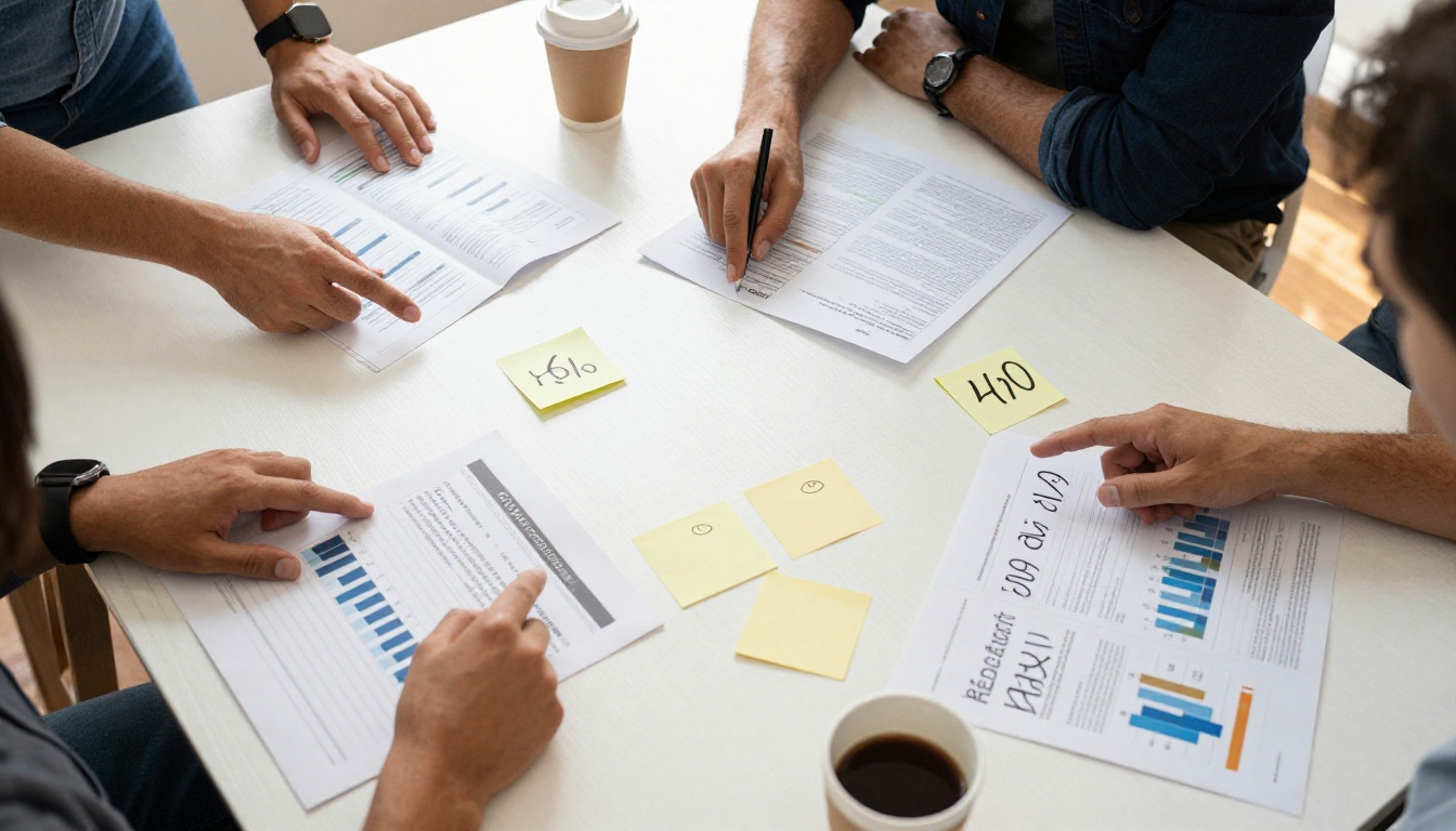 Marketing team reviewing case study drafts around a table