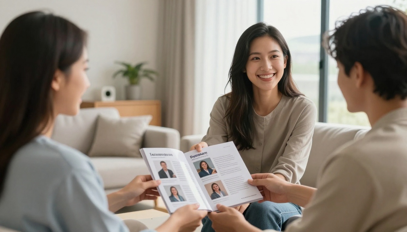 Real estate agent handing a brochure to a young couple