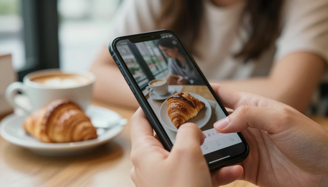 Woman reading a digital brochure on her smartphone in a cafe