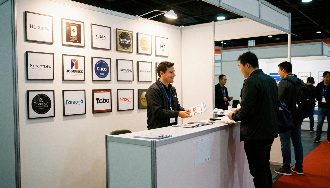 Trade show booth with printed brochures and a customer logo wall