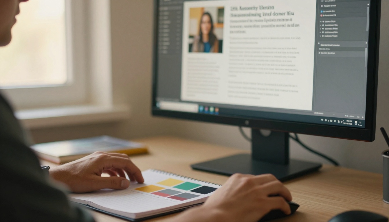 Designer laying out a brochure on a large monitor