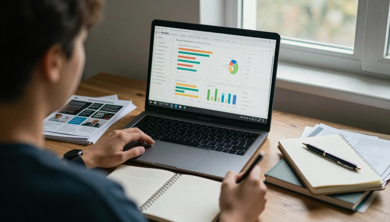 Marketer reviewing brochure analytics on a laptop