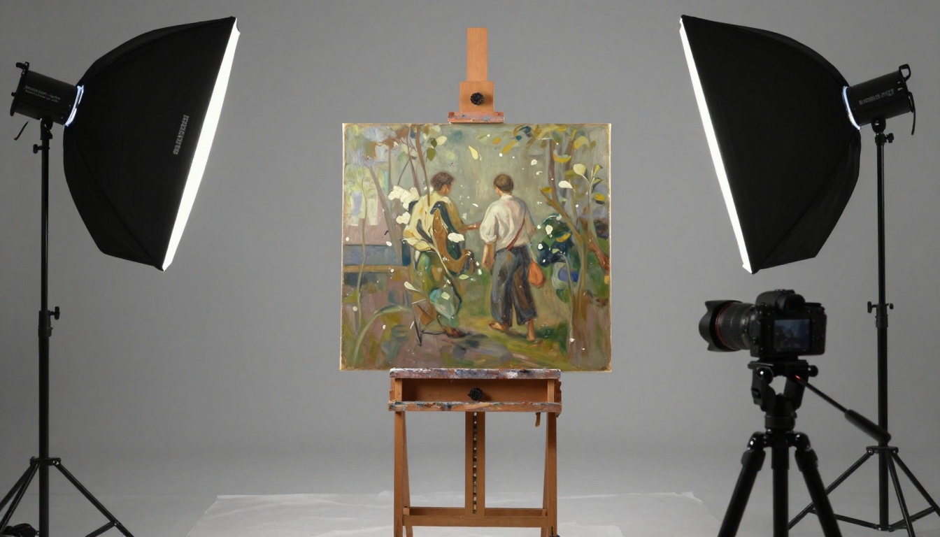 Student photographing a painting with softboxes
