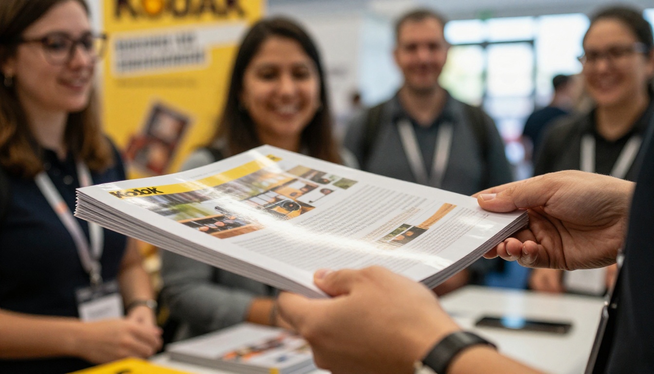 Sales representative handing a printed catalog to a buyer at a trade show booth