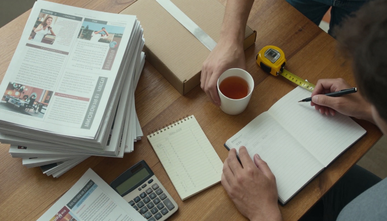 Top-down view of stacked printed catalogs beside a calculator and cost notes