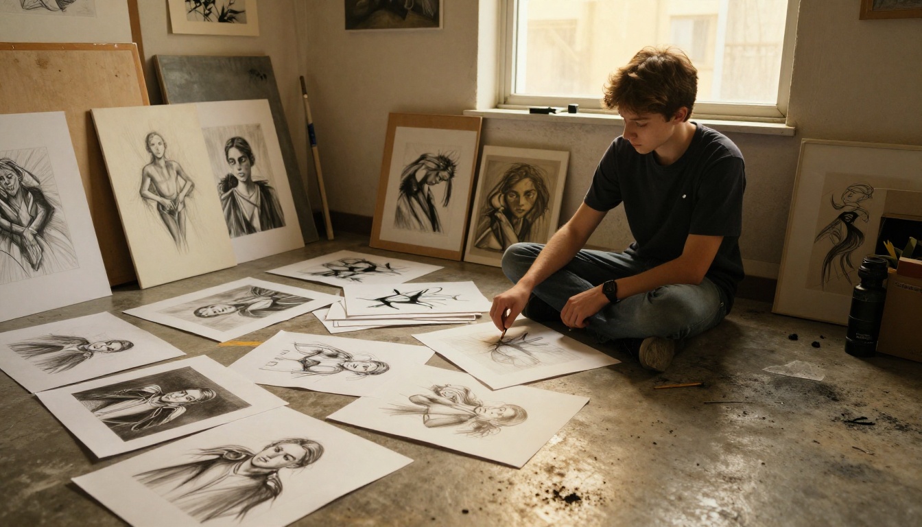 Student selecting pieces on a studio floor