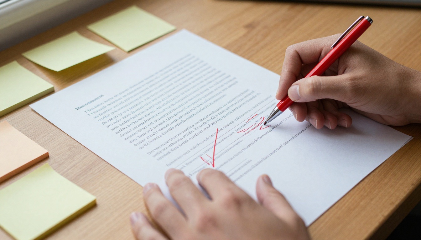 A marketer crossing out generic paragraphs on a printed draft A marketer crossing out generic paragraphs on a printed draft