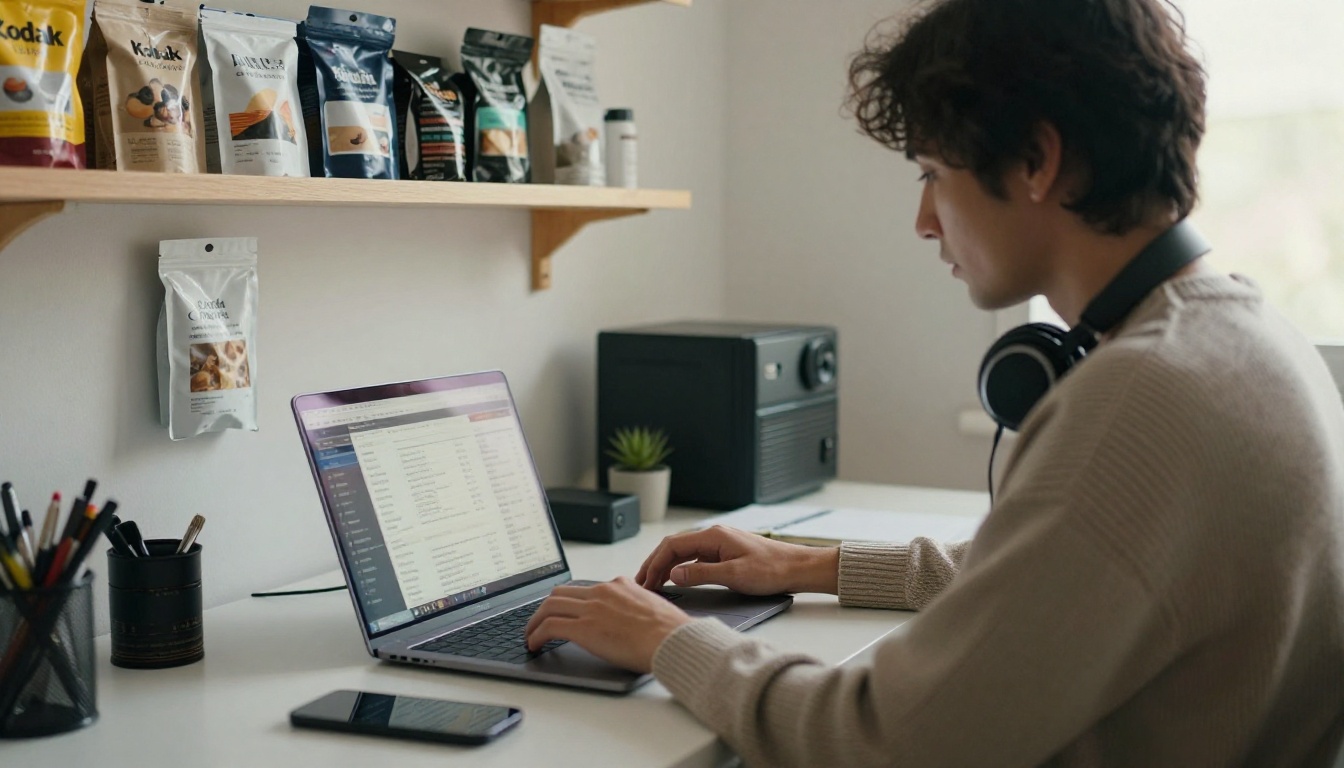 E-commerce owner reviewing catalog analytics on a laptop at a home office desk