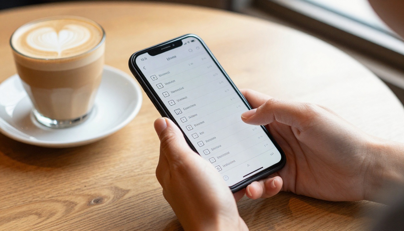 Woman scrolling a crowded email inbox full of attachments on her phone Woman scrolling a crowded email inbox full of attachments on her phone