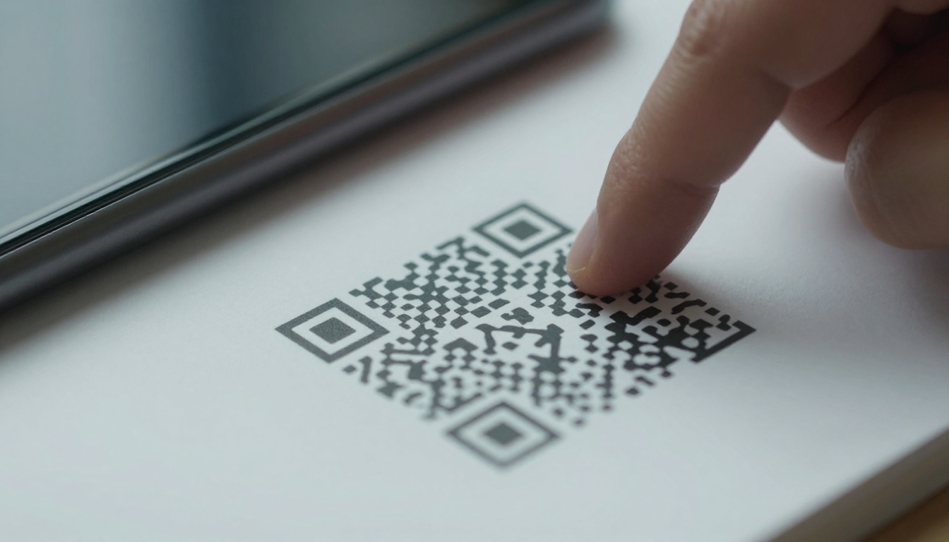 Macro shot of a printed catalog page with a QR code being scanned by a phone