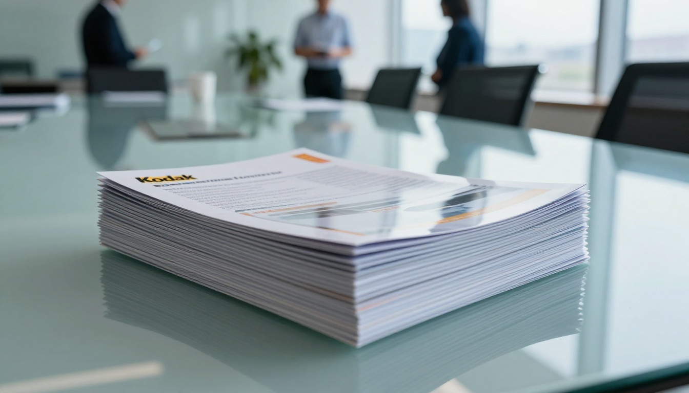 Stack of printed brochures on a glass conference table Stack of printed brochures on a glass conference table