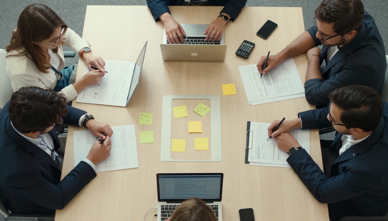 Overhead view of colleagues reviewing charts around a conference table Overhead view of colleagues reviewing charts around a conference table