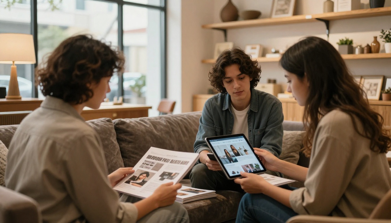 Couple browsing a printed catalog in a furniture showroom with a tablet nearby