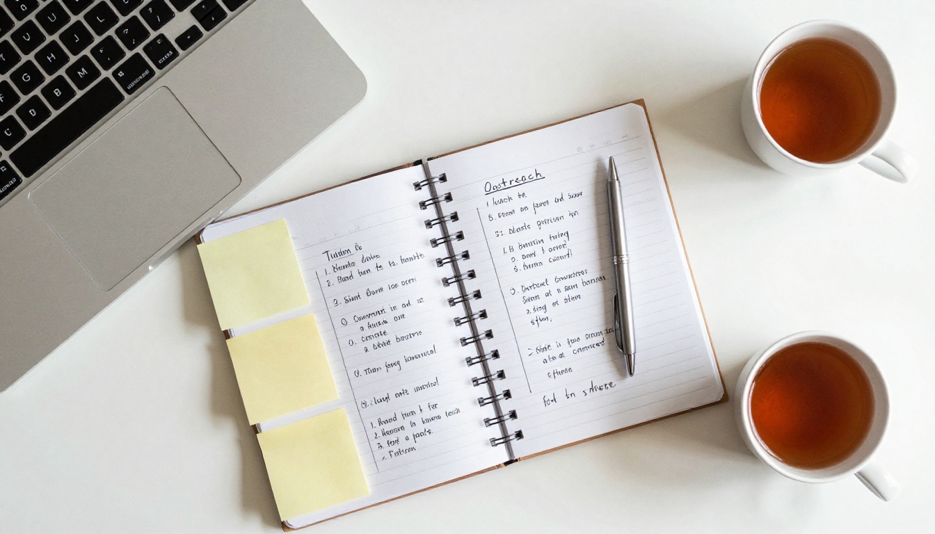 Flat lay of a desk with a laptop, notebook and sticky notes planning an outreach sequence Flat lay of a desk with a laptop, notebook and sticky notes planning an outreach sequence