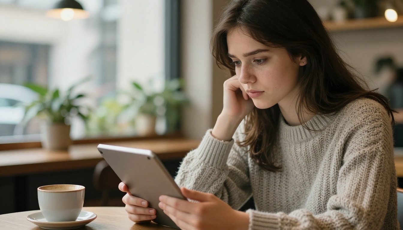 A reader scrutinizing an ebook on a tablet in a cafe A reader scrutinizing an ebook on a tablet in a cafe