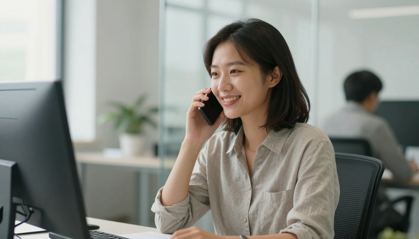 Salesperson on a follow-up phone call in a bright office Salesperson on a follow-up phone call in a bright office