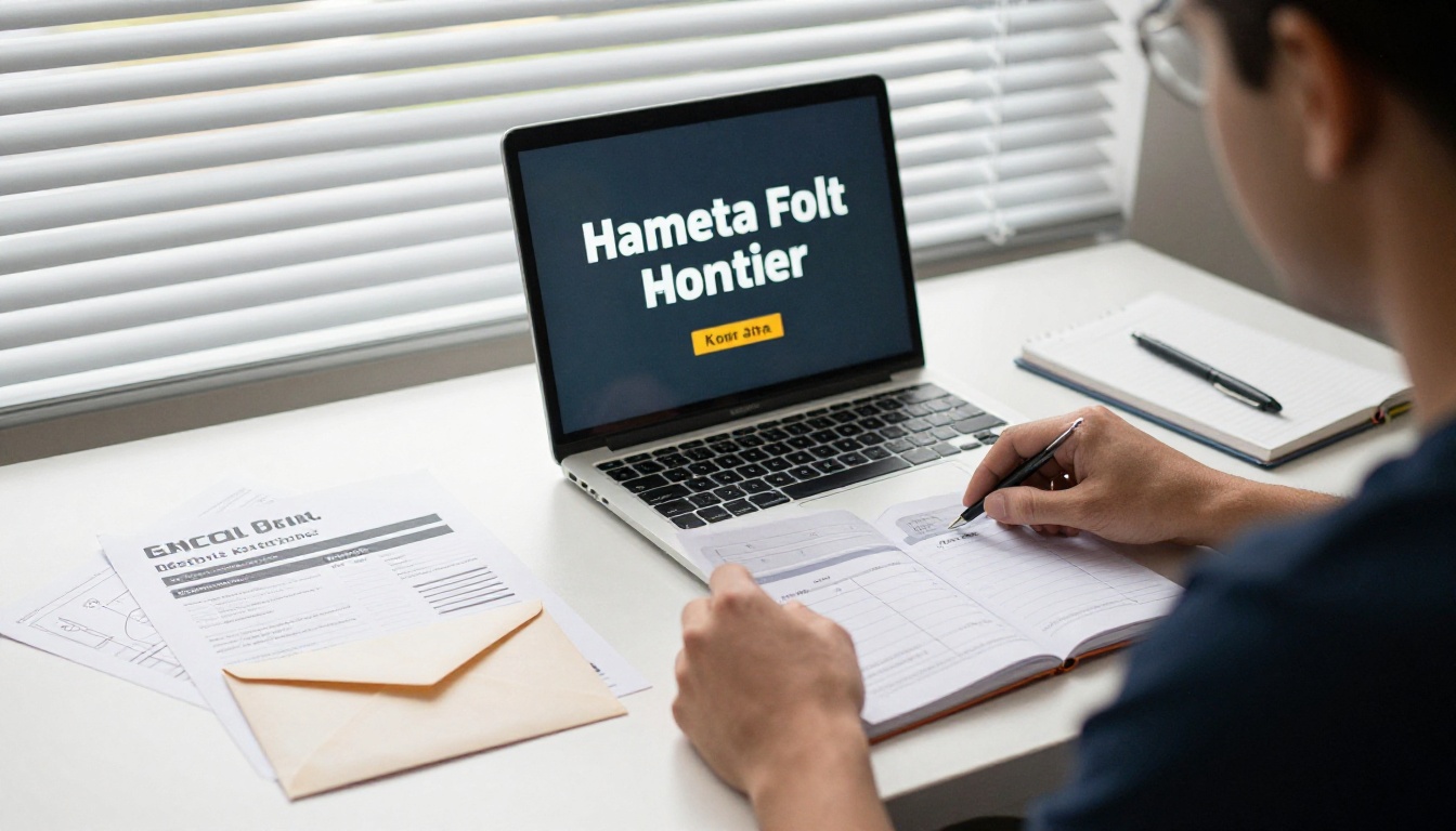 Marketer drafting a follow-up email beside a printed mailer with a sample catalog