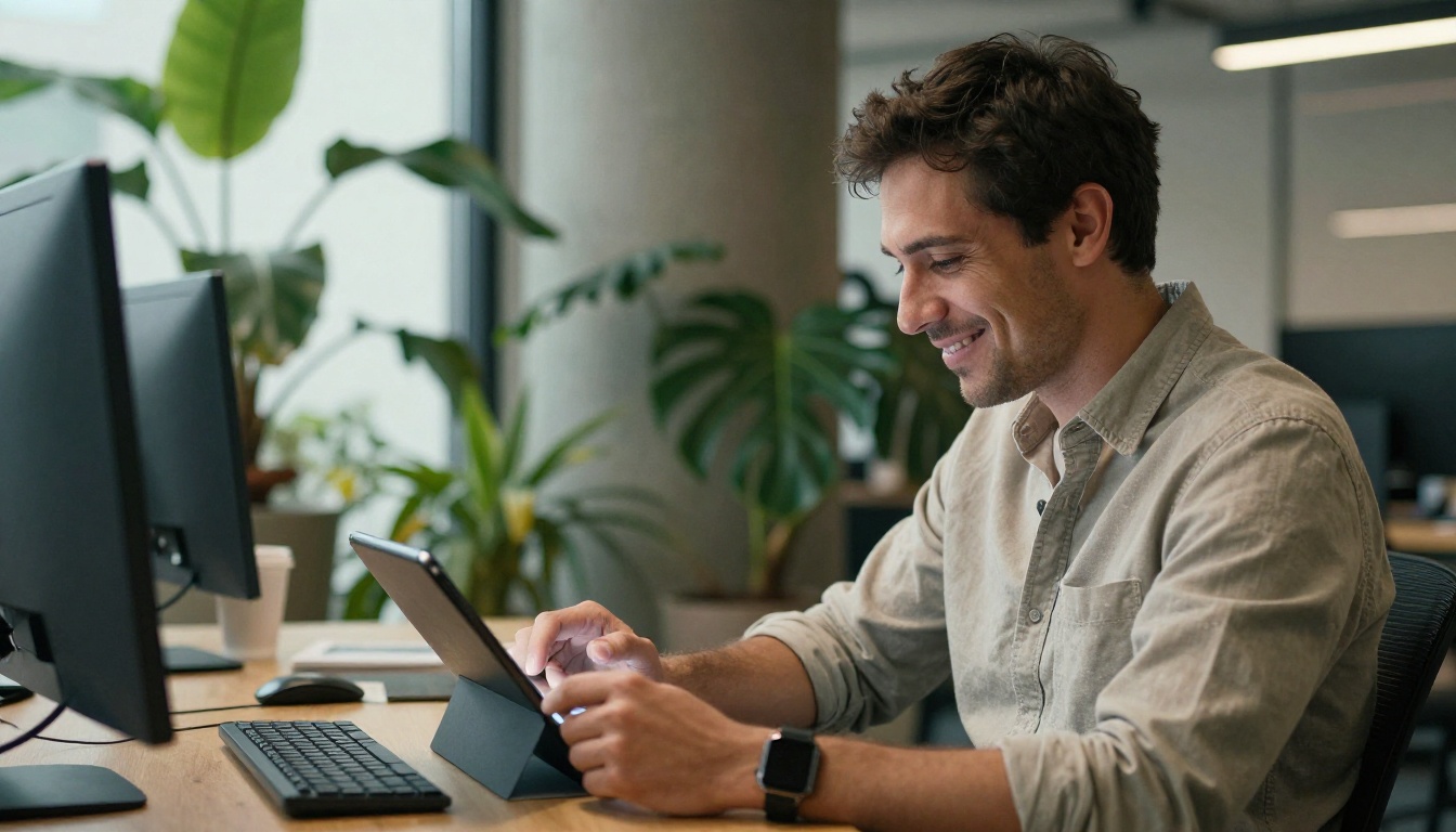 Prospect smiling while reading a message on a tablet in a co-working space Prospect smiling while reading a message on a tablet in a co-working space