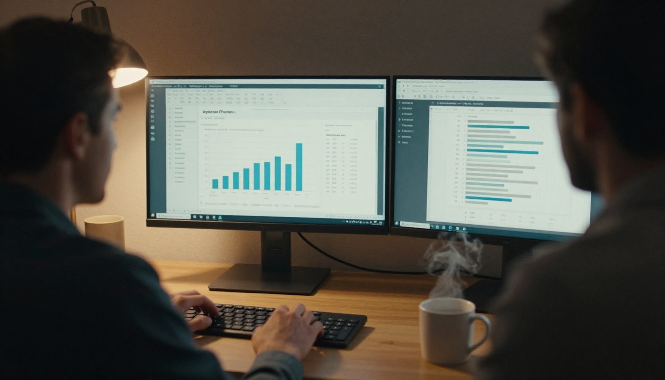 Marketer reviewing an open rate spreadsheet on dual monitors at dusk Marketer reviewing an open rate spreadsheet on dual monitors at dusk