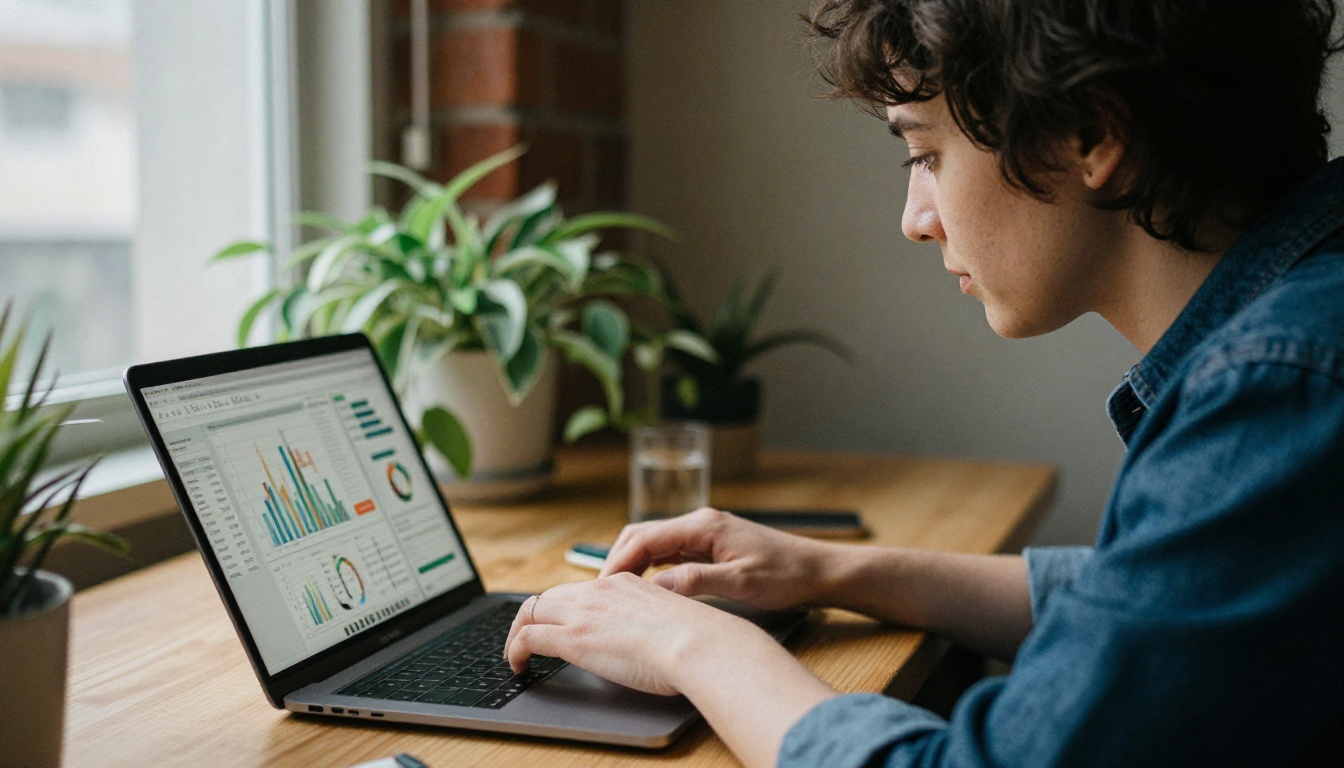 Business owner reading analytics on a laptop in a co-working space Business owner reading analytics on a laptop in a co-working space