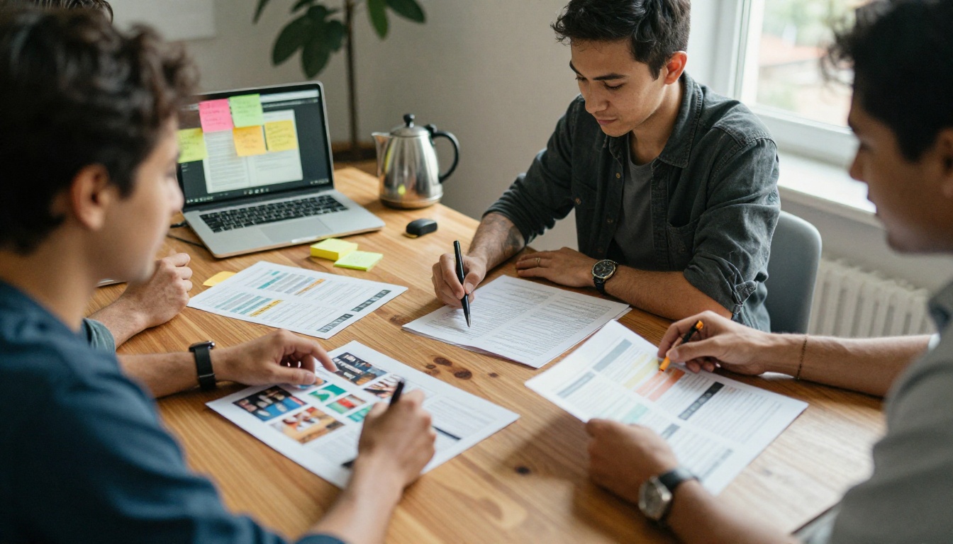 Team reviewing a printed catalog and laptop together at a meeting table