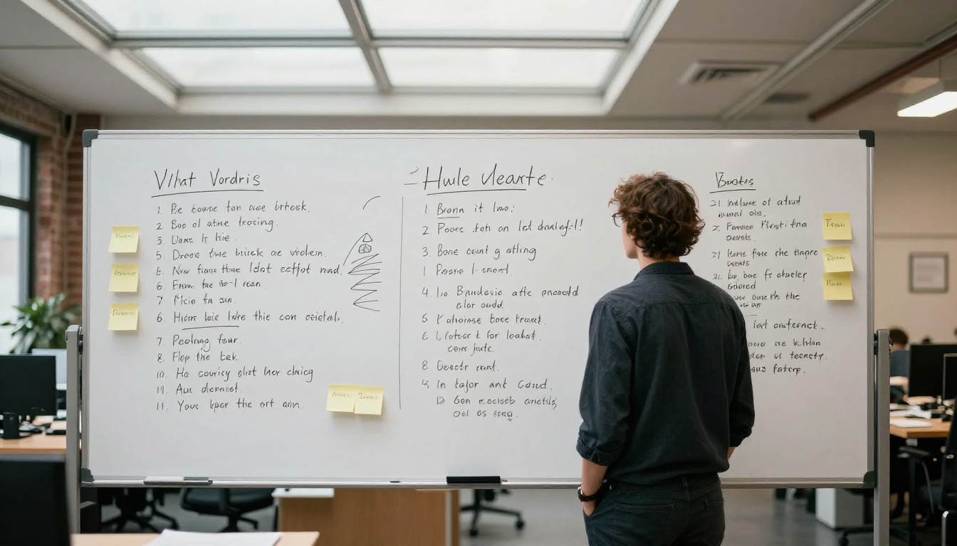 A writer outlining chapters on a whiteboard A writer outlining chapters on a whiteboard