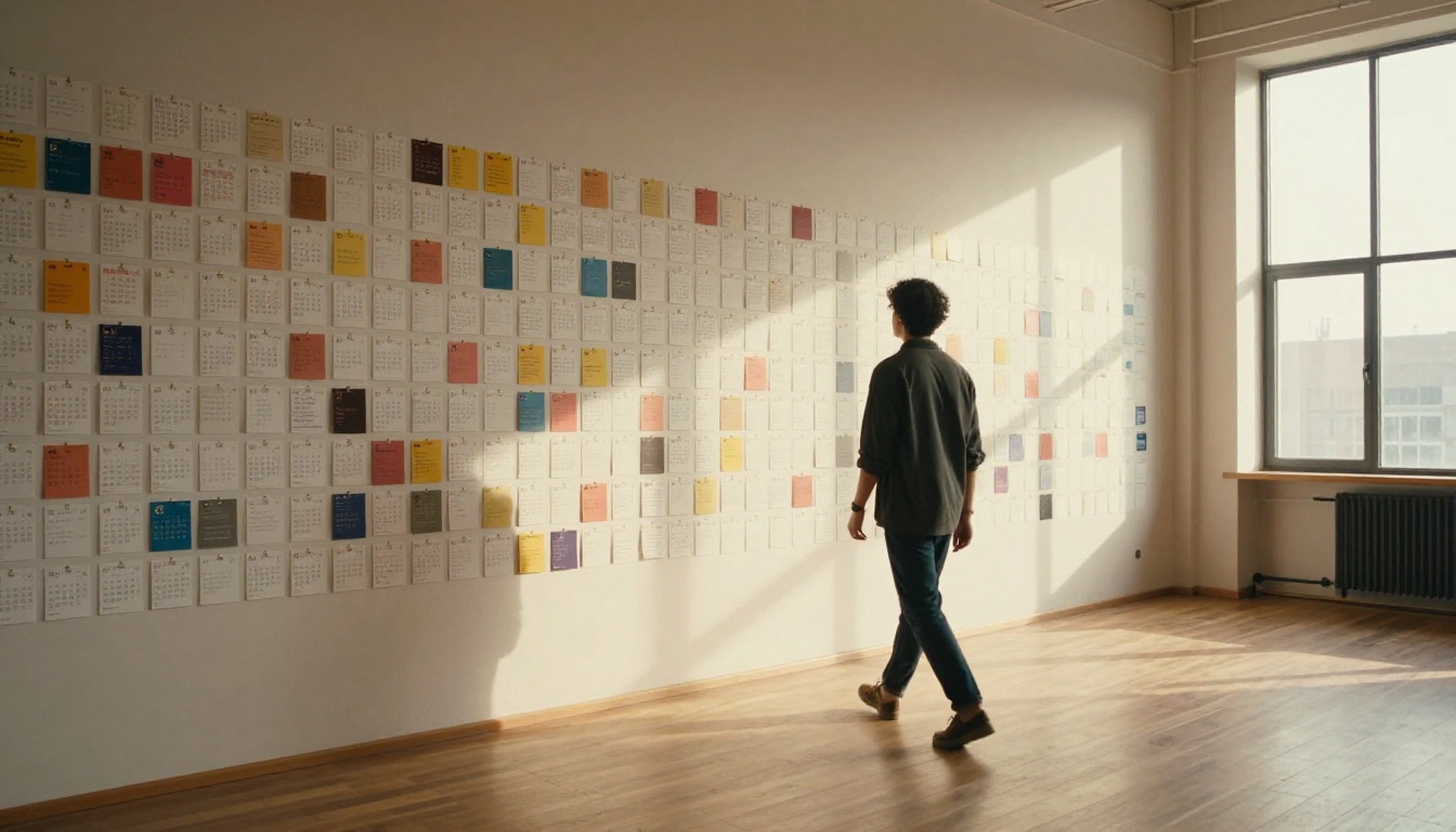Person walking along a wall planner of email sequences Person walking along a wall planner of email sequences