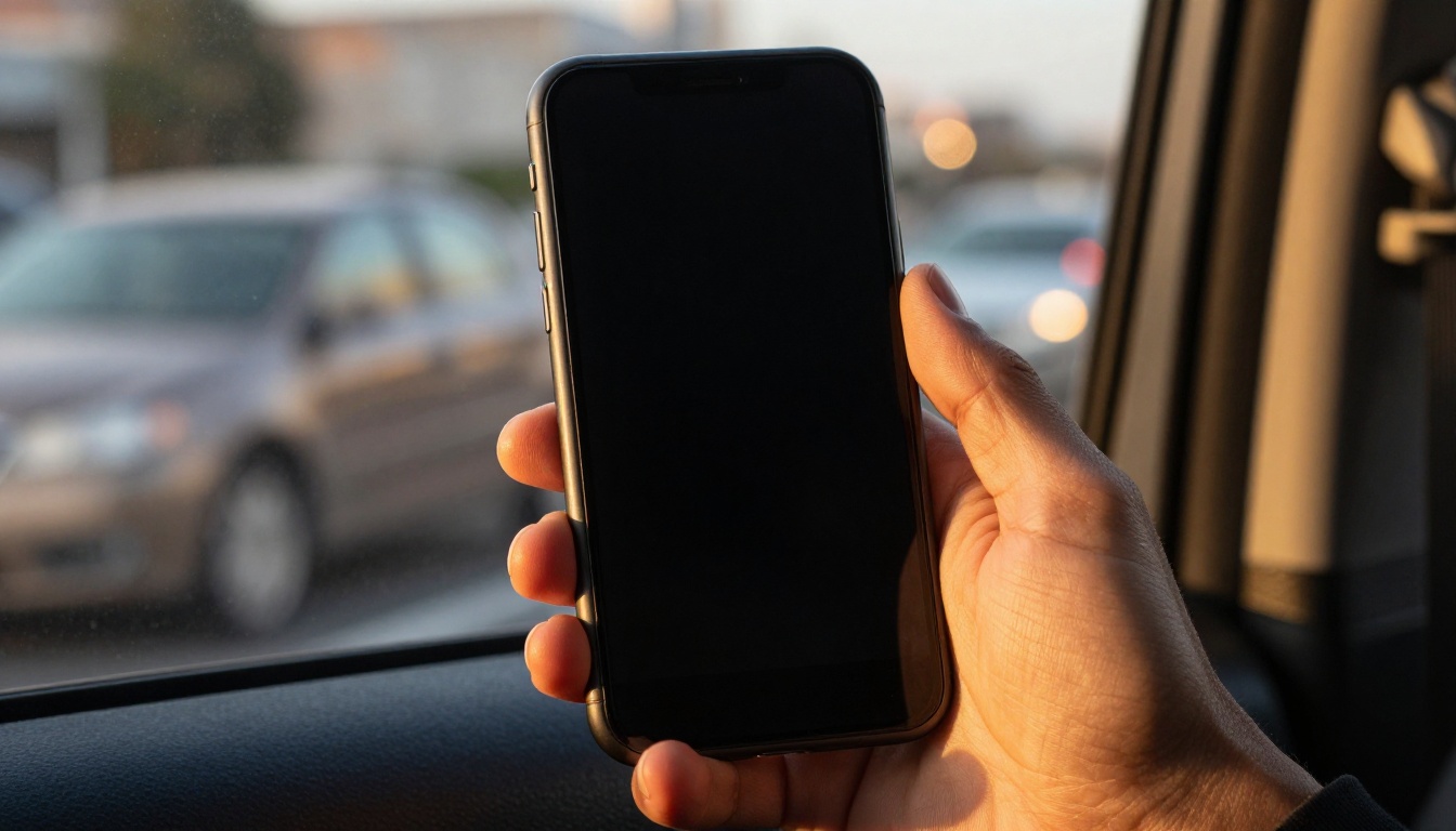 Hand holding a smartphone in the back seat of a taxi at golden hour Hand holding a smartphone in the back seat of a taxi at golden hour