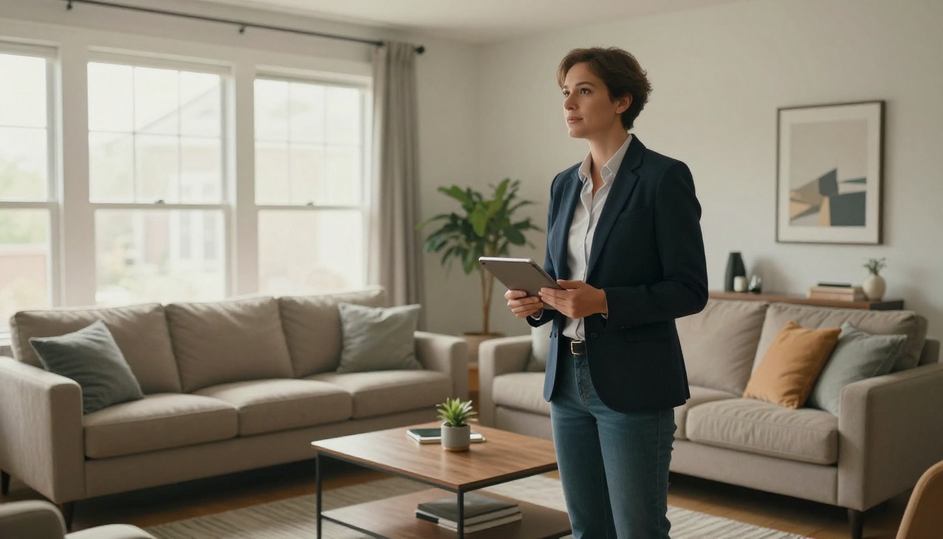 Real estate agent holding a tablet in a bright staged living room Real estate agent holding a tablet in a bright staged living room