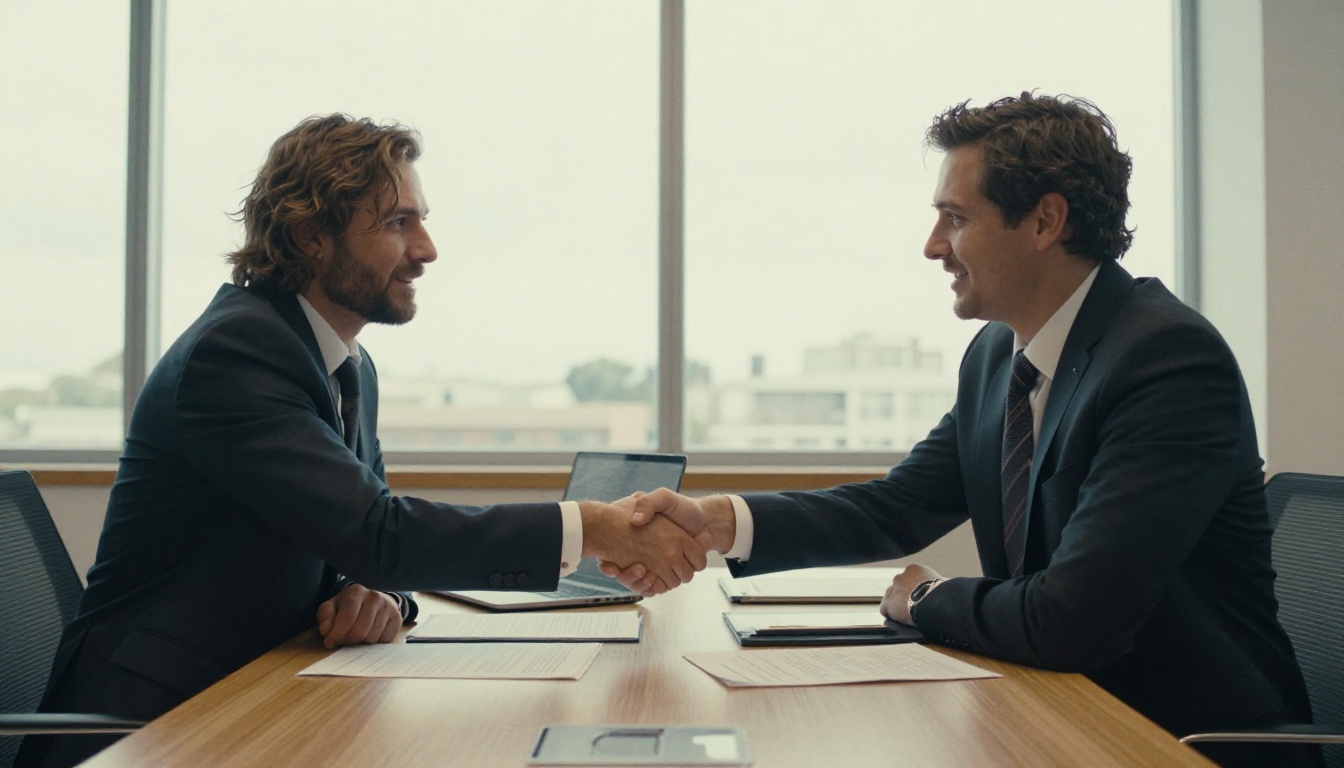 Two business partners shaking hands across a desk Two business partners shaking hands across a desk