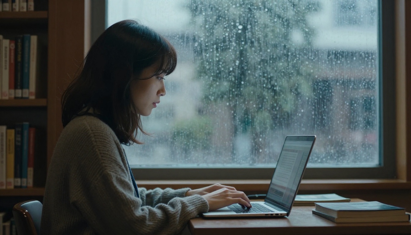 Woman typing a follow up message at a rainy library window Woman typing a follow up message at a rainy library window