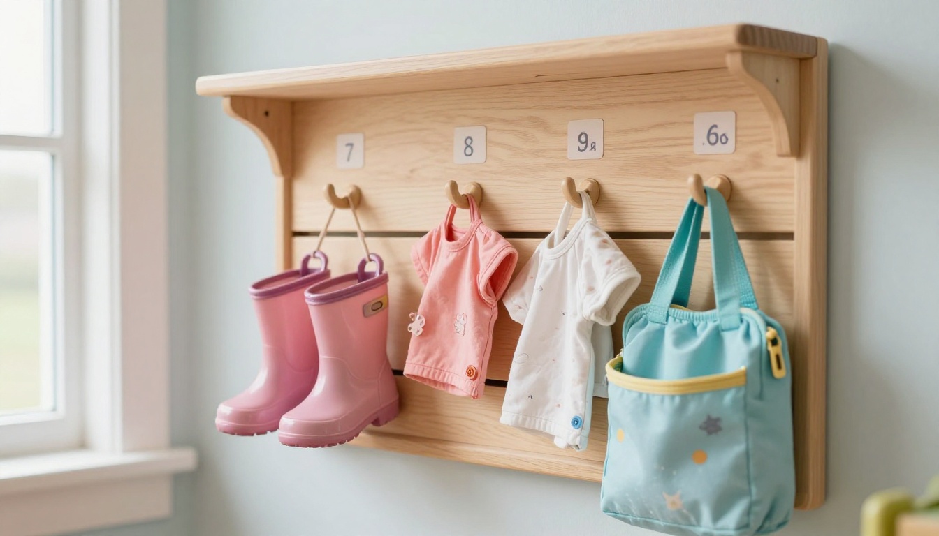 Labeled cubby wall with a toddler's belongings
