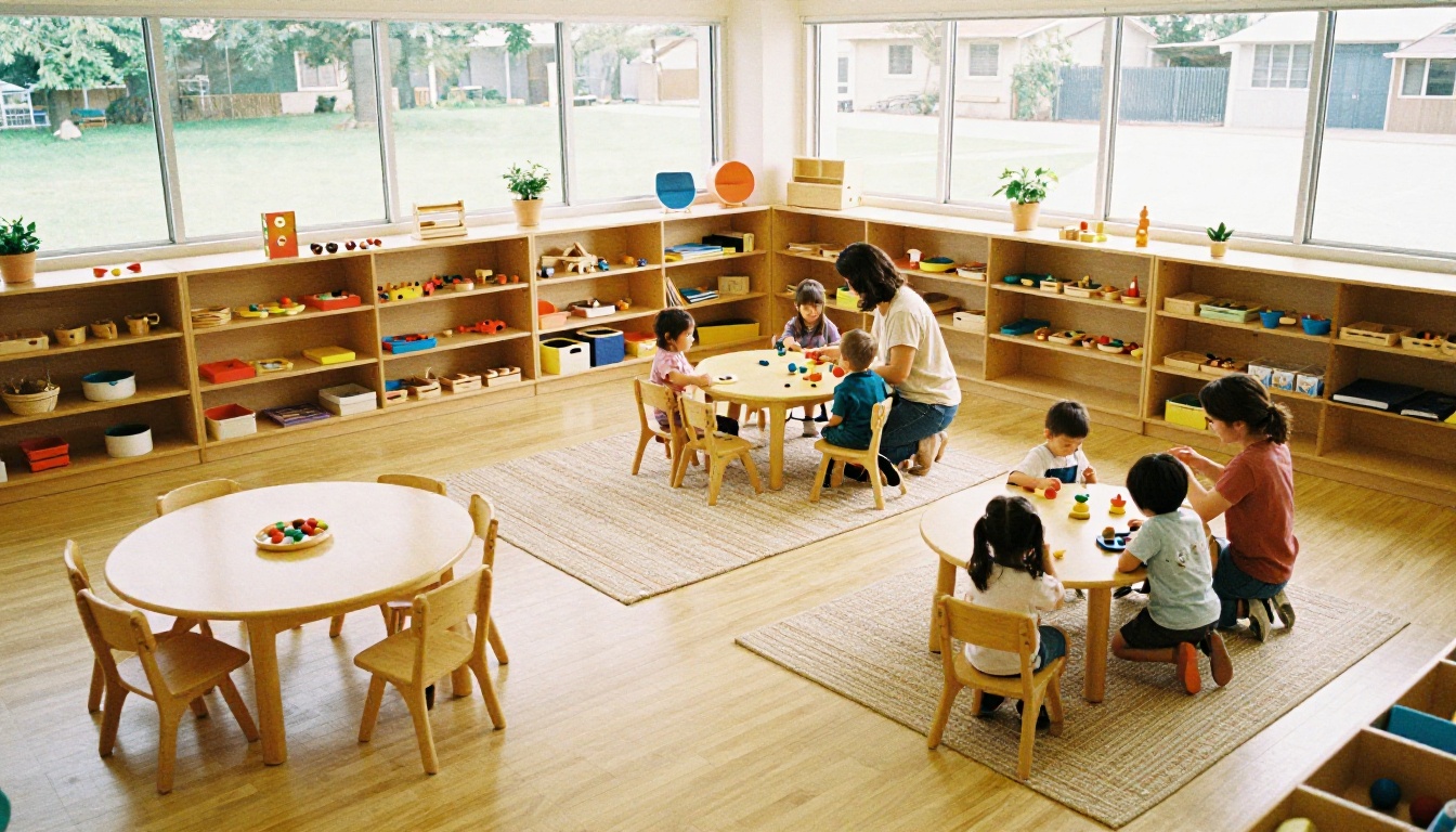 Sunny daycare classroom with reading corner